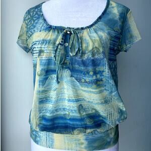 Blue Green Paisley Floral Scoop Neck Sweet Pea Cap Sleeve Blouse Top Indie Boho